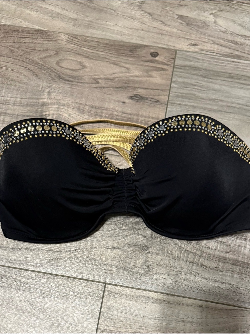 Victoria's Secret Black Bandeau Bikini Top with Gold Rhinestones